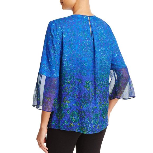 Elie Tahari Orion Pleated Bell Sleeve Silk Blouse in Enchanted - Picture 2 of 8